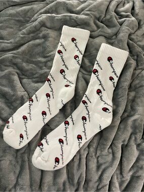 Champion White Crew Socks with Red & Black Logo Pattern